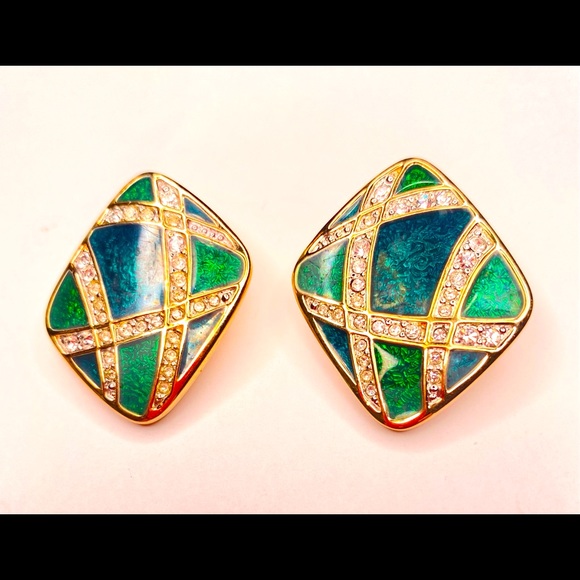 🔴 Swarovski Crystal Enamel Emerald Vintage Earrings - Picture 3 of 11
